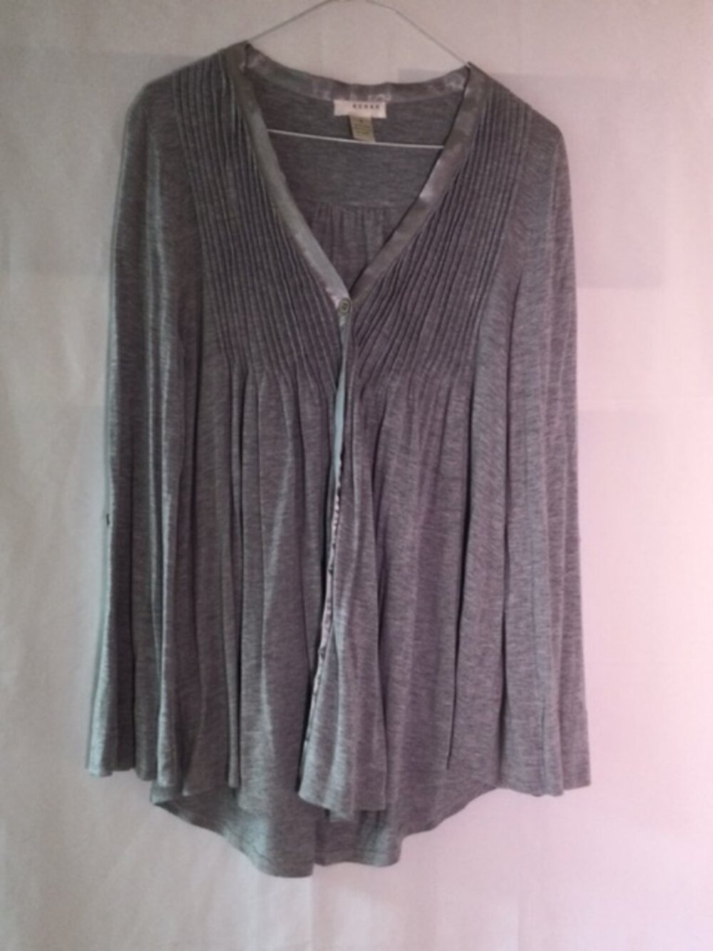 KENAR Gray Pintuck Viscose Cardigan Top Size M Satin Trim Lightweight